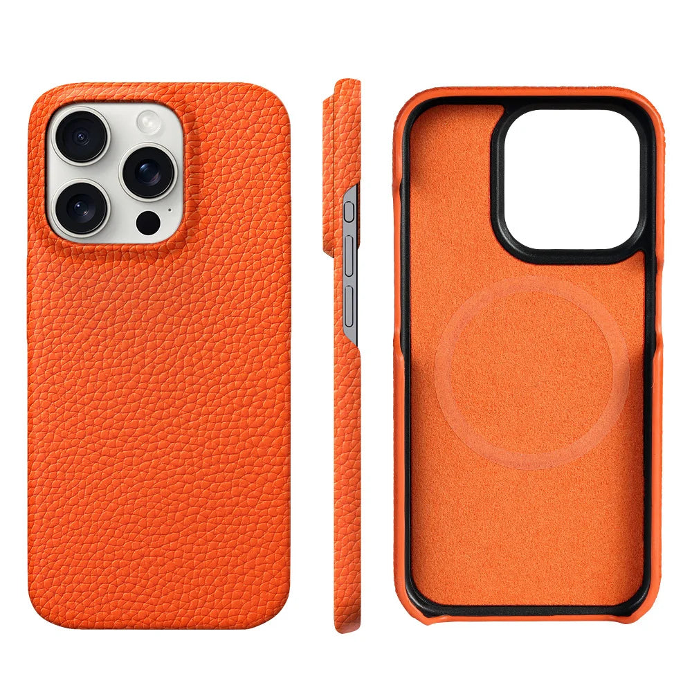 Capa de Couro Natural Textura Lichia com MagSafe para iPhone — Proteção Magnética Premium