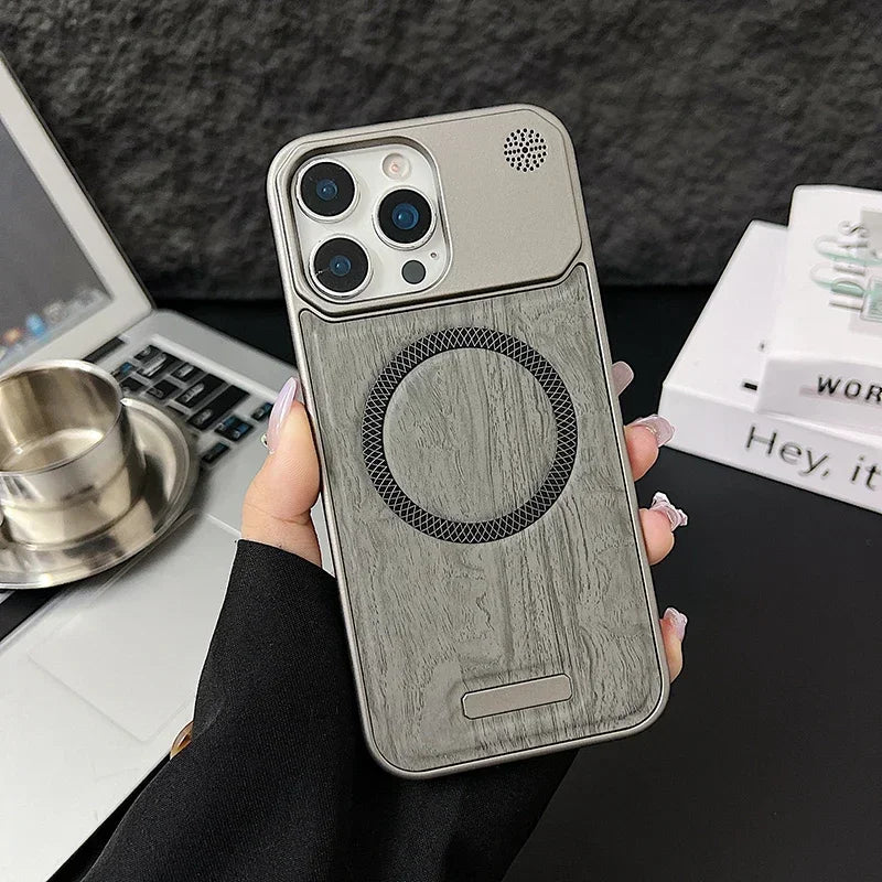 Capa Magnética com Textura Madeira e Couro para iPhone — Compatível com MagSafe e Proteção Premium