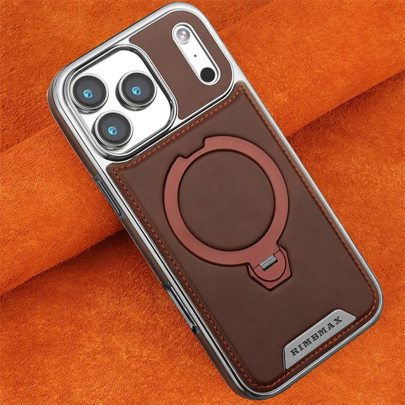 Capa de Couro Premium com Suporte Magnético Giratório para iPhone — Base 360° e Proteção Antichoque