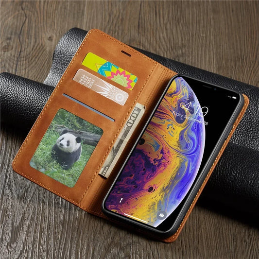Capa Carteira de Couro Camurça com Tampa para iPhone — Fecho Magnético e Porta-Cartões