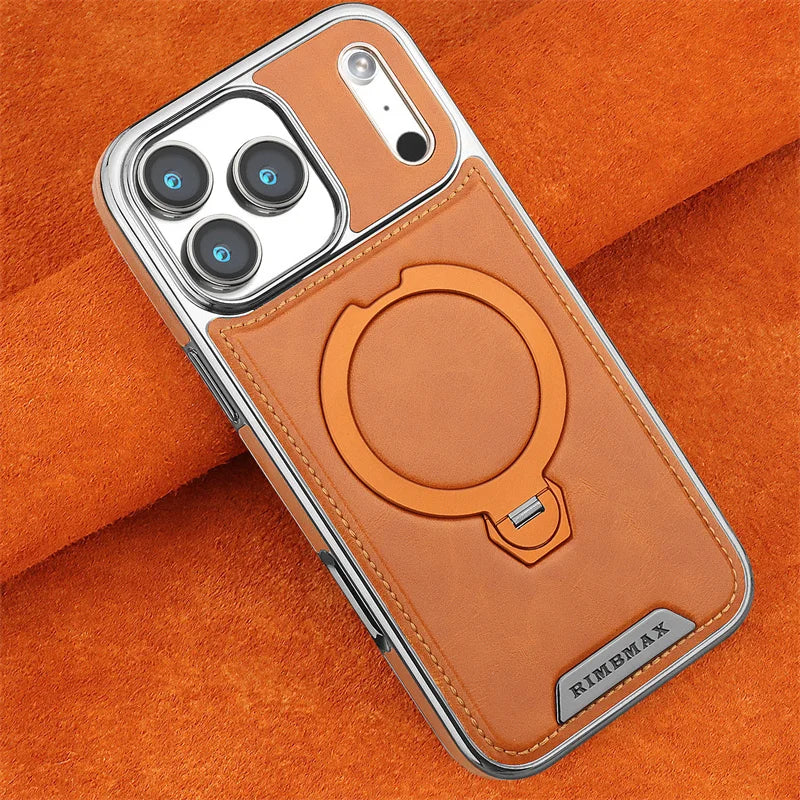 Capa de Couro Premium com Suporte Magnético Giratório para iPhone — Base 360° e Proteção Antichoque