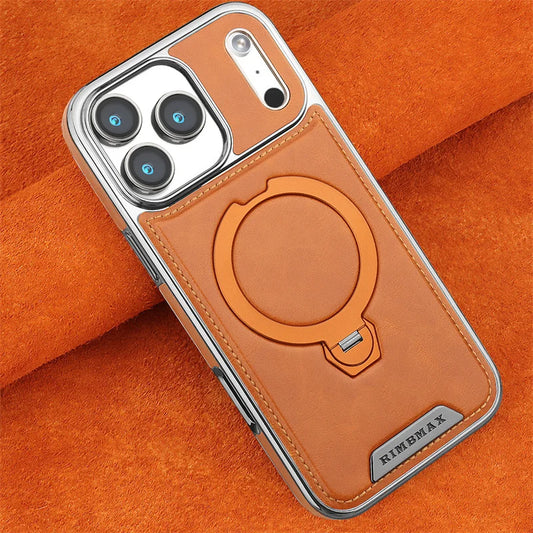 Capa de Couro Premium com Suporte Magnético Giratório para iPhone — Base 360° e Proteção Antichoque