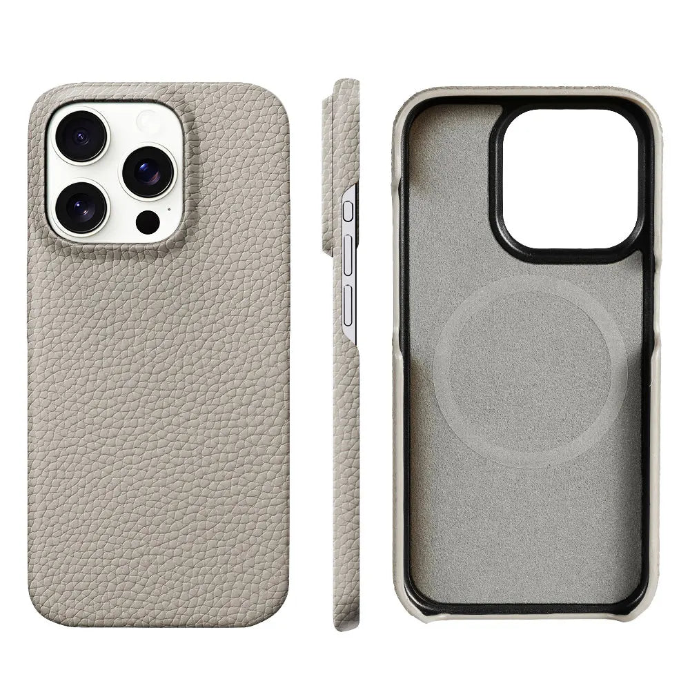 Capa de Couro Natural Textura Lichia com MagSafe para iPhone — Proteção Magnética Premium