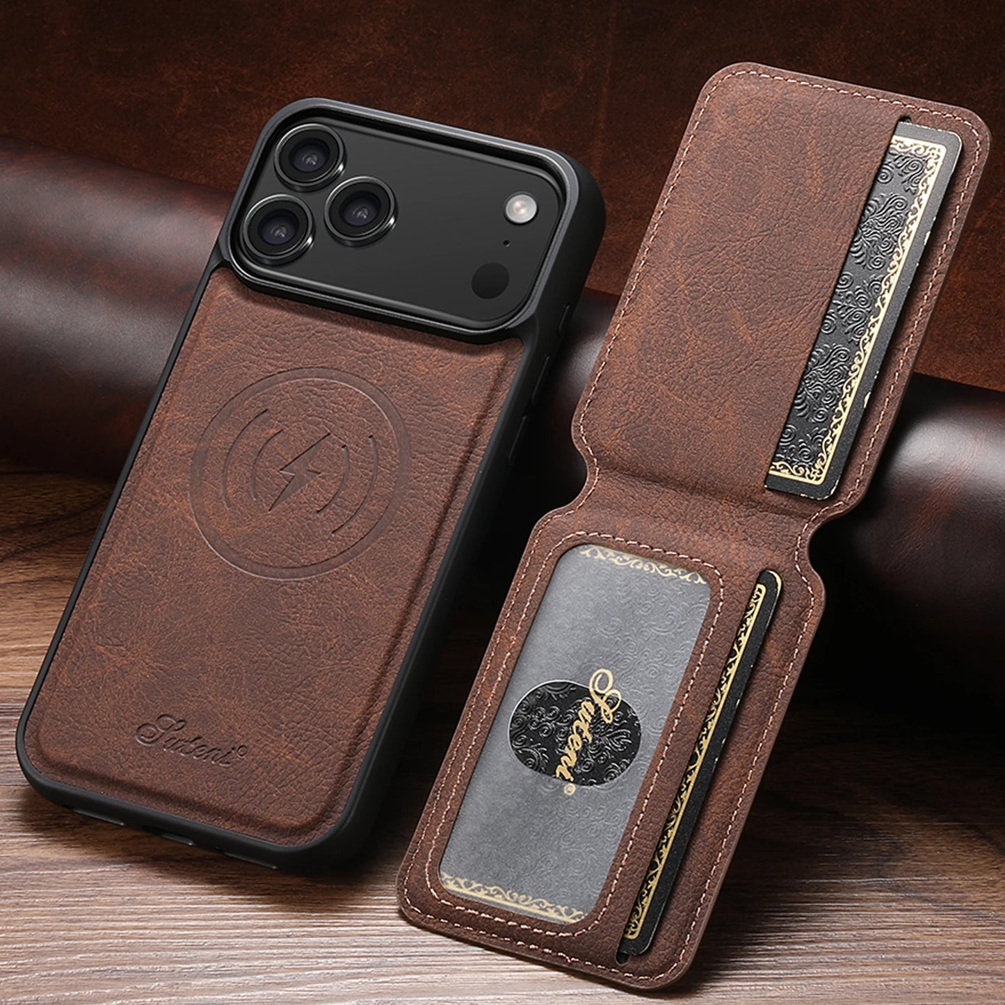 Capa de Couro com Porta-Cartões Magnético e Suporte para iPhone — Compatível com Carregamento Sem Fio