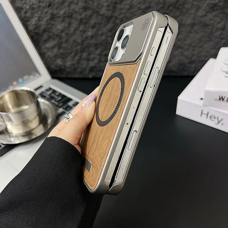 Capa Magnética com Textura Madeira e Couro para iPhone — Compatível com MagSafe e Proteção Premium