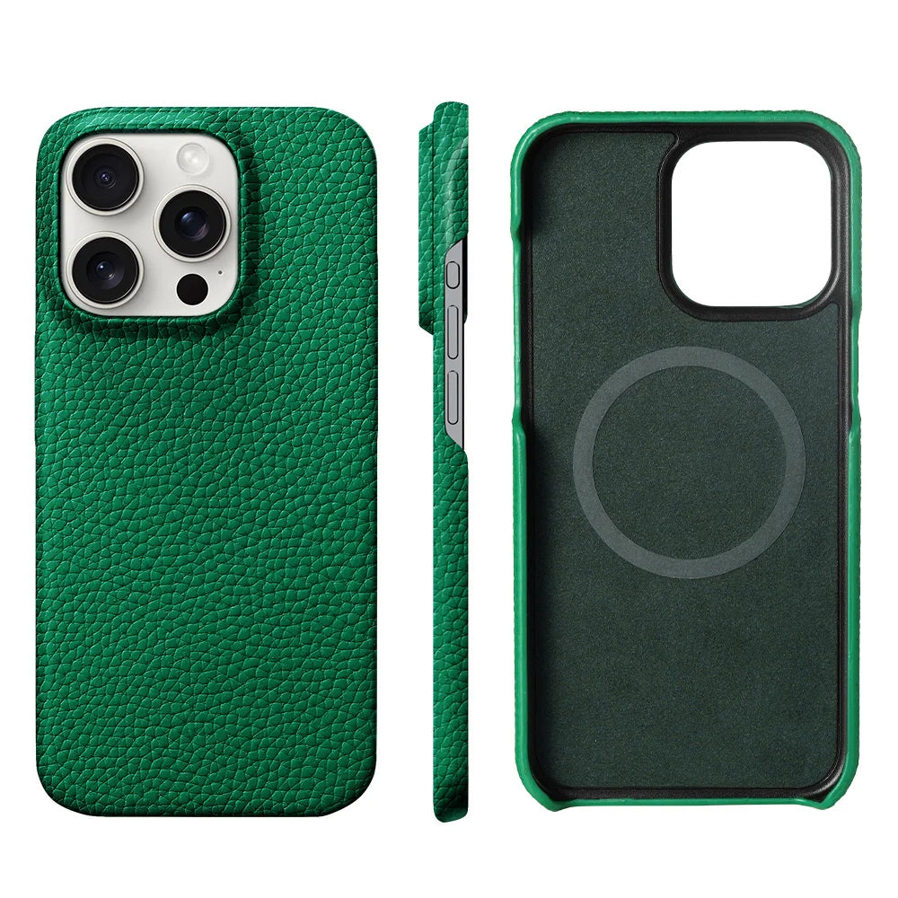 Capa de Couro Natural Textura Lichia com MagSafe para iPhone — Proteção Magnética Premium