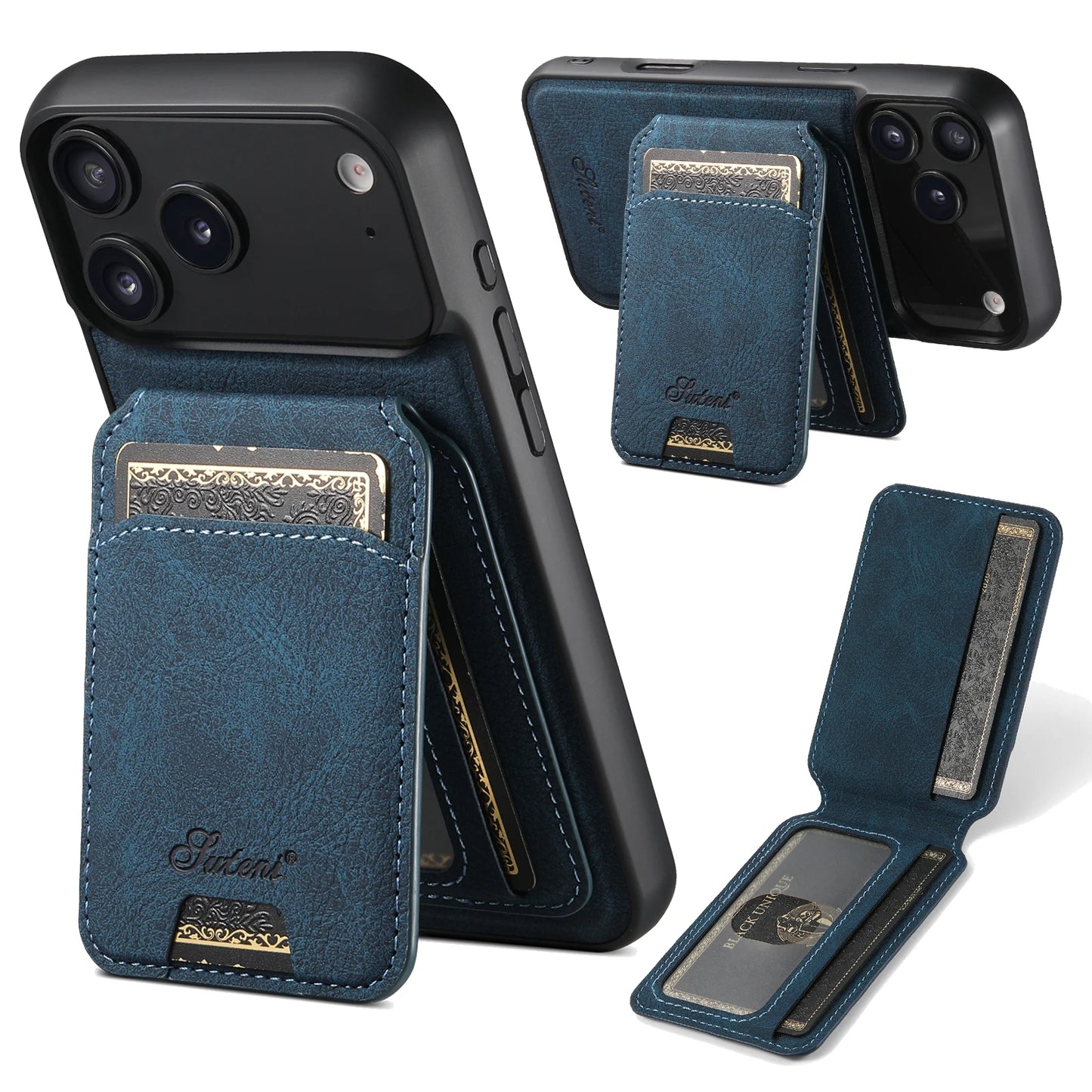 Capa de Couro com Porta-Cartões Magnético e Suporte para iPhone — Compatível com Carregamento Sem Fio