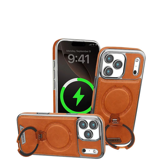 Capa de Couro Premium com Suporte Magnético Giratório para iPhone — Base 360° e Proteção Antichoque