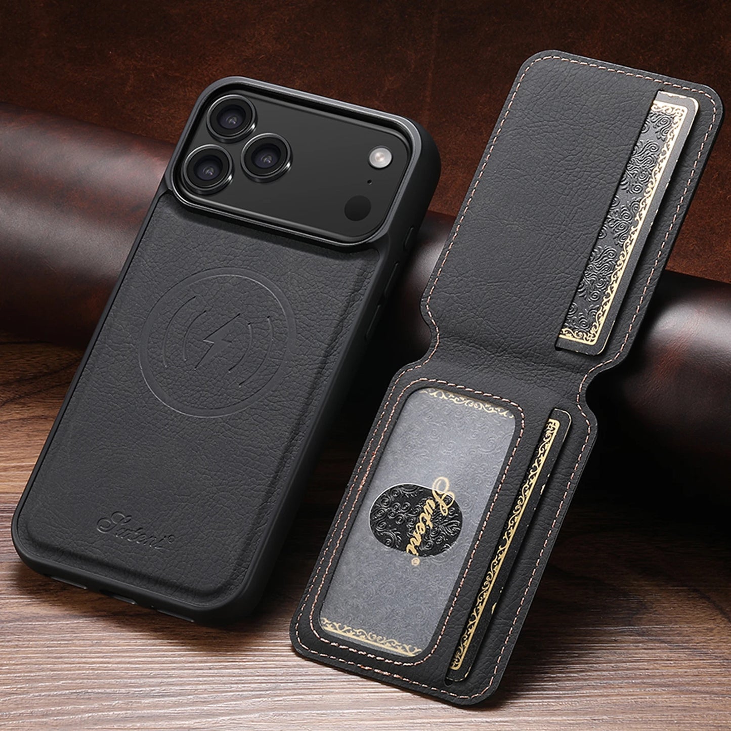 Capa de Couro com Porta-Cartões Magnético e Suporte para iPhone — Compatível com Carregamento Sem Fio