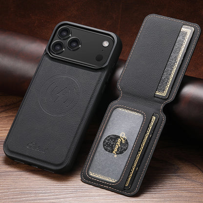 Capa de Couro com Porta-Cartões Magnético e Suporte para iPhone — Compatível com Carregamento Sem Fio