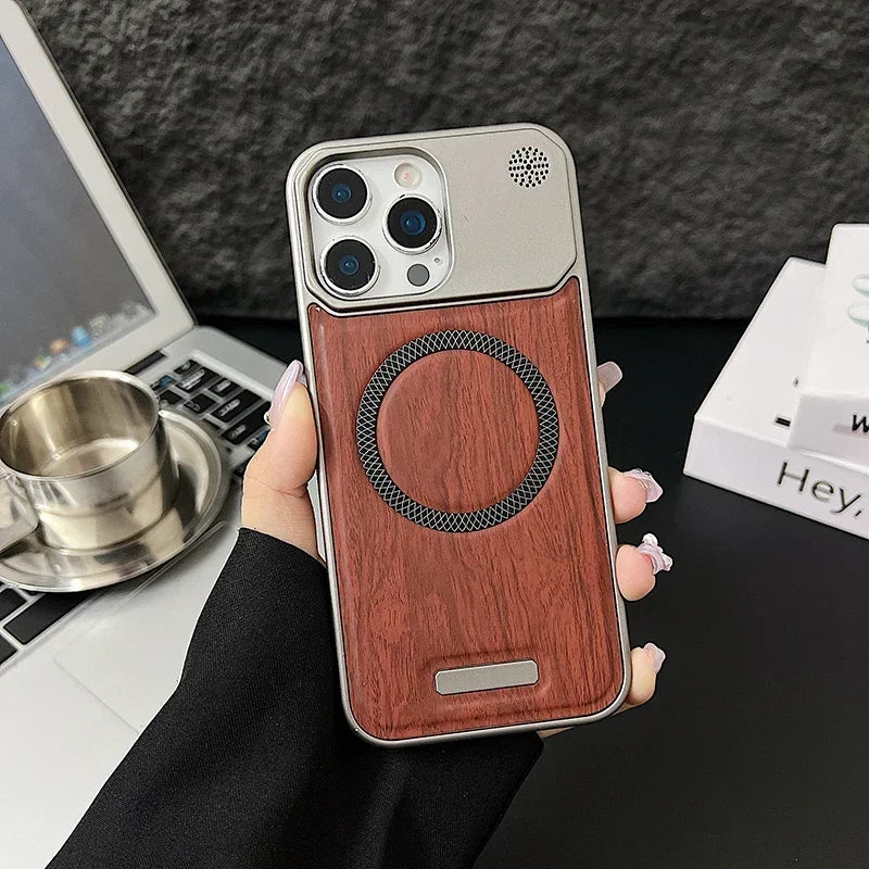 Capa Magnética com Textura Madeira e Couro para iPhone — Compatível com MagSafe e Proteção Premium