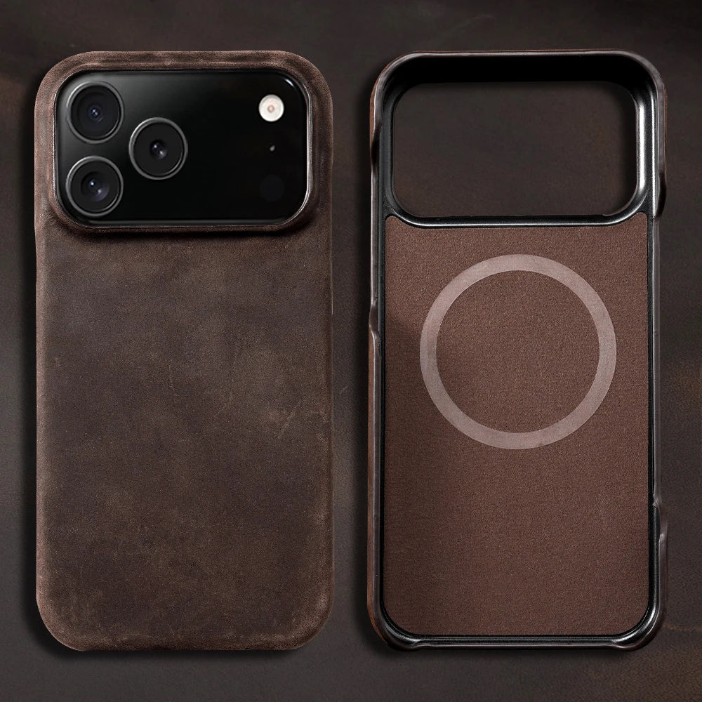 Capa de Couro Genuíno com MagSafe para iPhone — Design Retrô Premium e Proteção Magnética