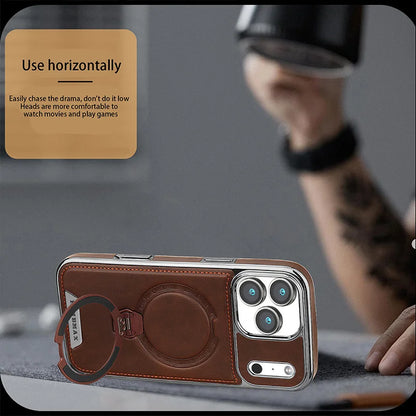 Capa de Couro Premium com Suporte Magnético Giratório para iPhone — Base 360° e Proteção Antichoque