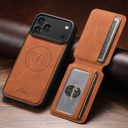 Capa de Couro com Porta-Cartões Magnético e Suporte para iPhone — Compatível com Carregamento Sem Fio