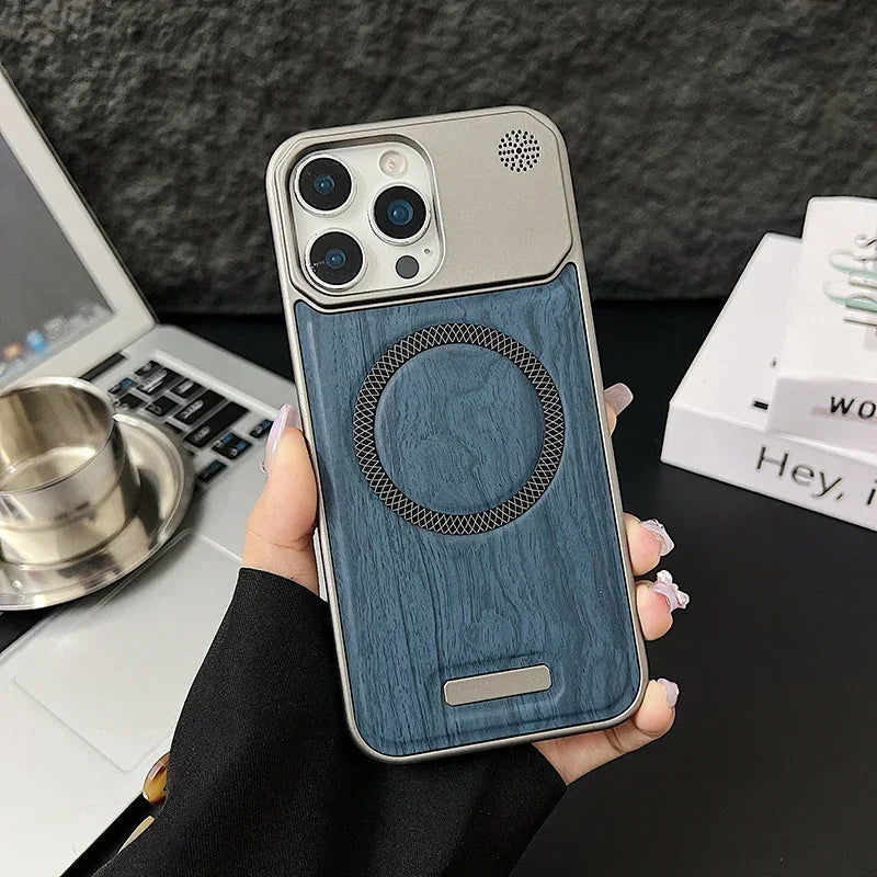 Capa Magnética com Textura Madeira e Couro para iPhone — Compatível com MagSafe e Proteção Premium