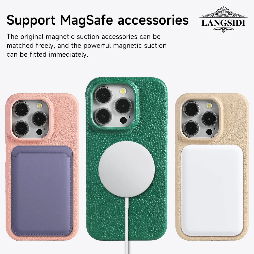 Capa de Couro Natural Textura Lichia com MagSafe para iPhone — Proteção Magnética Premium