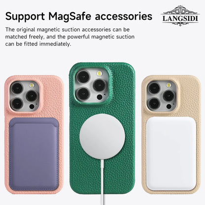 Capa de Couro Natural Textura Lichia com MagSafe para iPhone — Proteção Magnética Premium