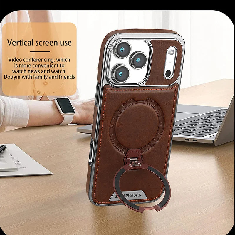 Capa de Couro Premium com Suporte Magnético Giratório para iPhone — Base 360° e Proteção Antichoque