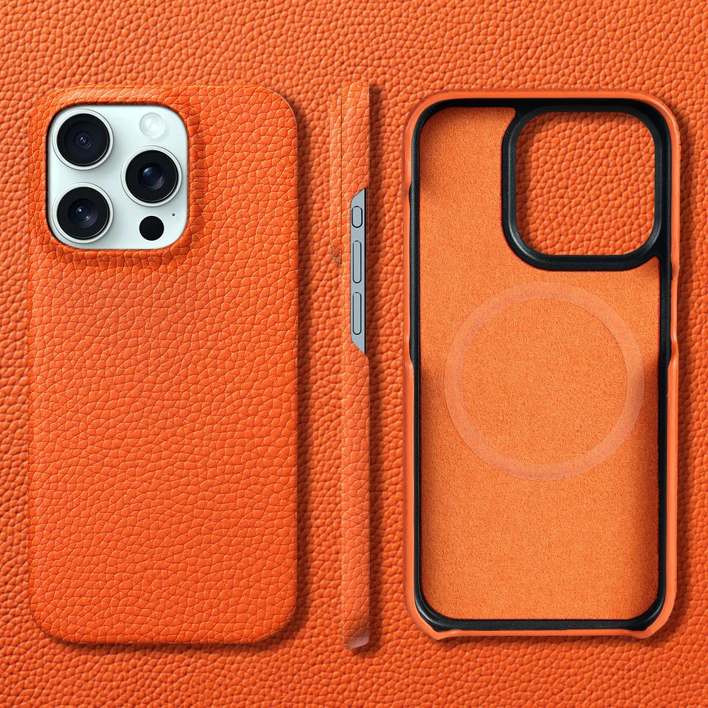 Capa de Couro Natural Textura Lichia com MagSafe para iPhone — Proteção Magnética Premium