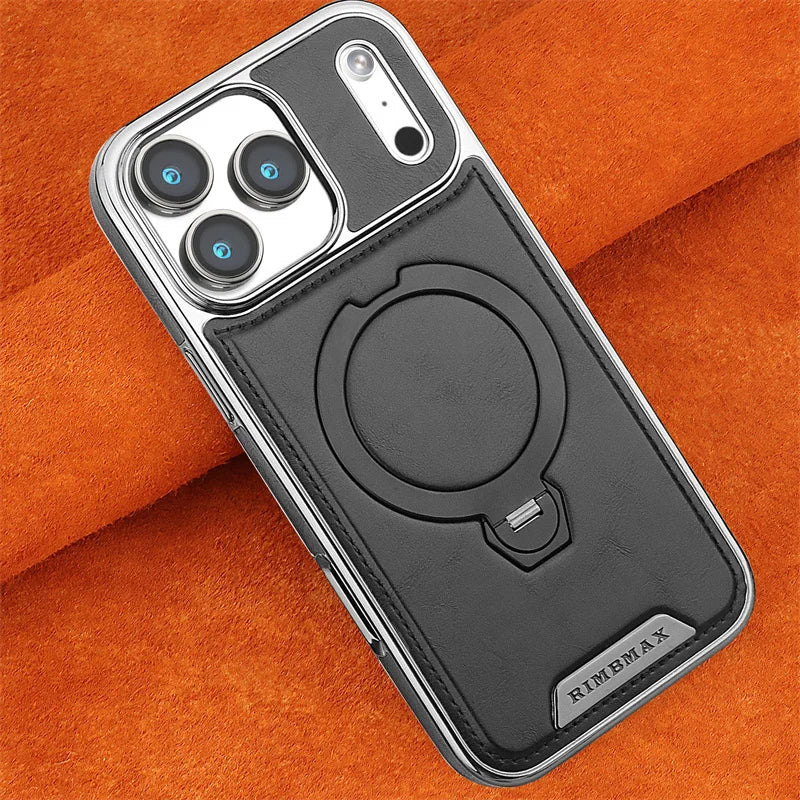 Capa de Couro Premium com Suporte Magnético Giratório para iPhone — Base 360° e Proteção Antichoque