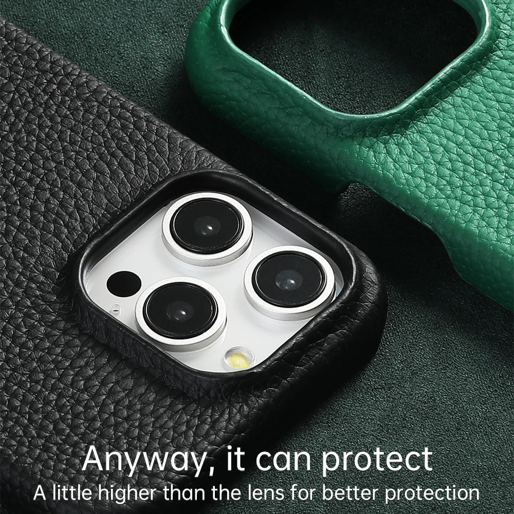 Capa de Couro Natural Textura Lichia com MagSafe para iPhone — Proteção Magnética Premium