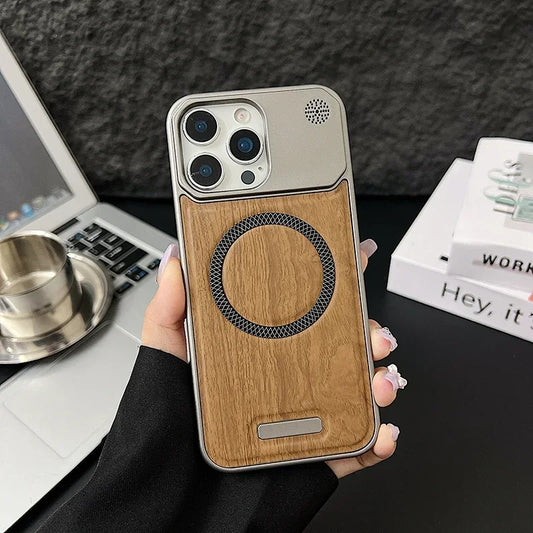 Capa Magnética com Textura Madeira e Couro para iPhone — Compatível com MagSafe e Proteção Premium