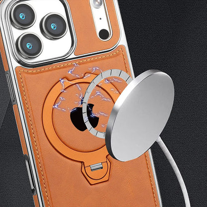 Capa de Couro Premium com Suporte Magnético Giratório para iPhone — Base 360° e Proteção Antichoque