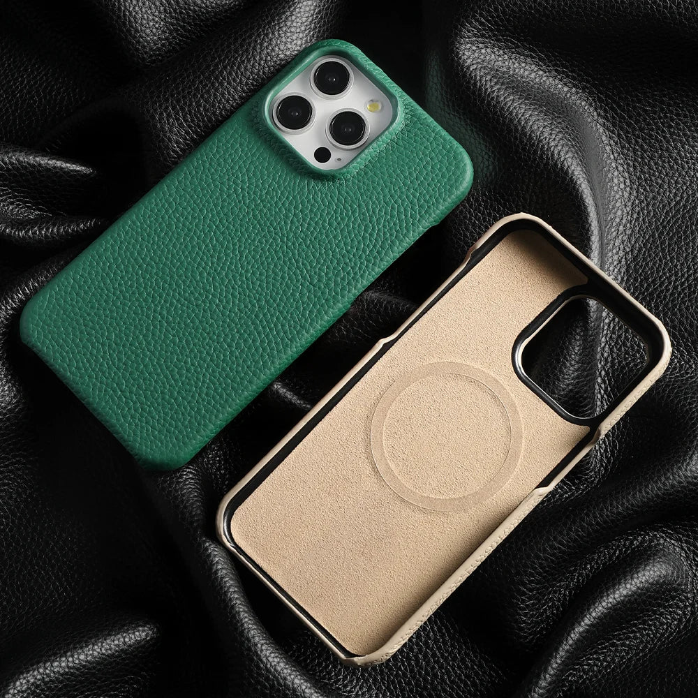 Capa de Couro Natural Textura Lichia com MagSafe para iPhone — Proteção Magnética Premium