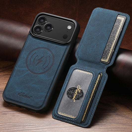 Capa de Couro com Porta-Cartões Magnético e Suporte para iPhone — Compatível com Carregamento Sem Fio