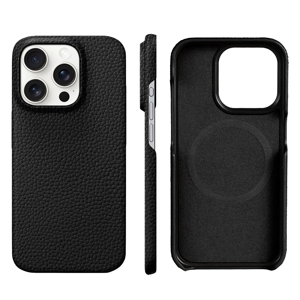 Capa de Couro Natural Textura Lichia com MagSafe para iPhone — Proteção Magnética Premium