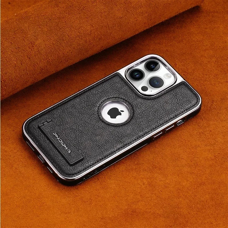 Capa de Couro Ultrafina com Suporte Invisível para iPhone — Base Dobrável e Proteção Elegante
