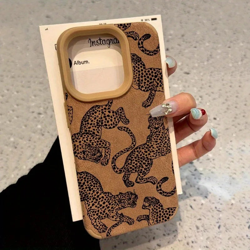 Capa de Couro com Estampa de Leopardo para iPhone — Proteção Antichoque e Design Premium