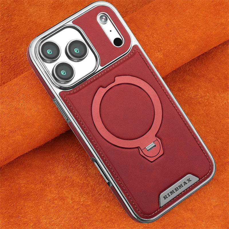 Capa de Couro Premium com Suporte Magnético Giratório para iPhone — Base 360° e Proteção Antichoque
