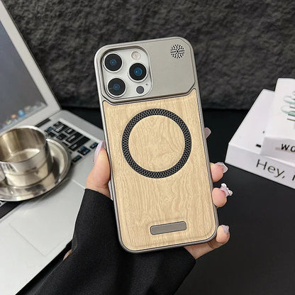 Capa Magnética com Textura Madeira e Couro para iPhone — Compatível com MagSafe e Proteção Premium