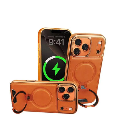 Capa de Couro Premium com Suporte Magnético Giratório para iPhone — Base 360° e Proteção Antichoque