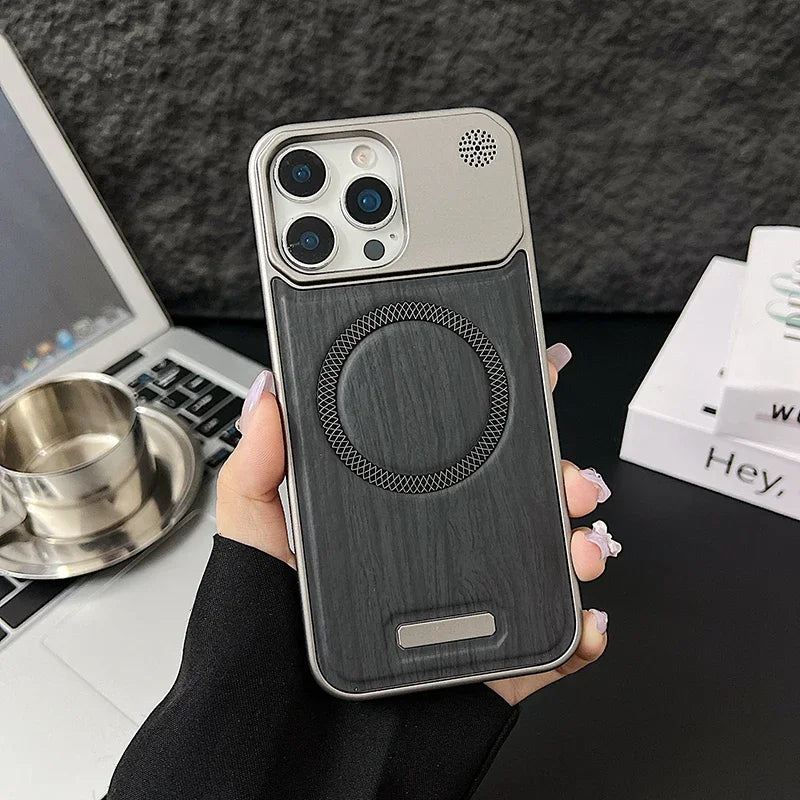 Capa Magnética com Textura Madeira e Couro para iPhone — Compatível com MagSafe e Proteção Premium