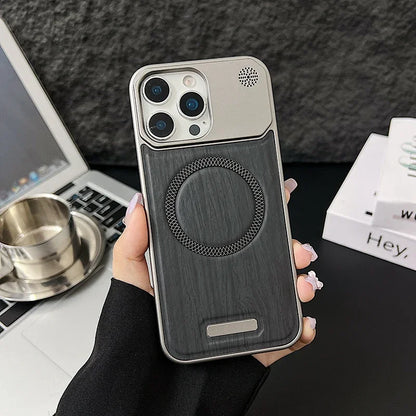 Capa Magnética com Textura Madeira e Couro para iPhone — Compatível com MagSafe e Proteção Premium