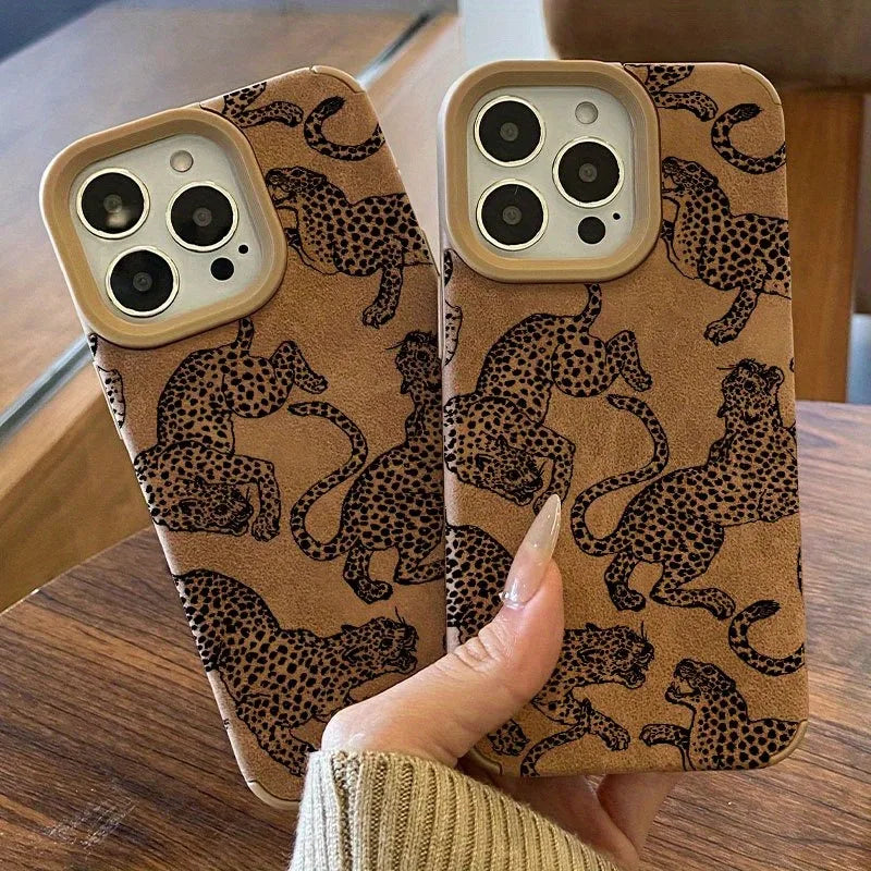 Capa de Couro com Estampa de Leopardo para iPhone — Proteção Antichoque e Design Premium