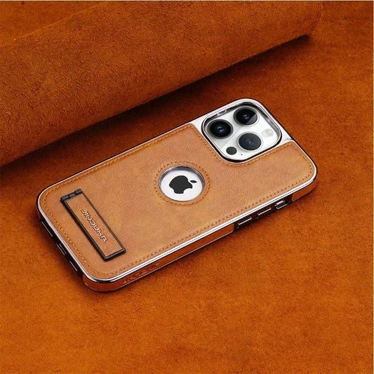 Capa de Couro Ultrafina com Suporte Invisível para iPhone — Base Dobrável e Proteção Elegante
