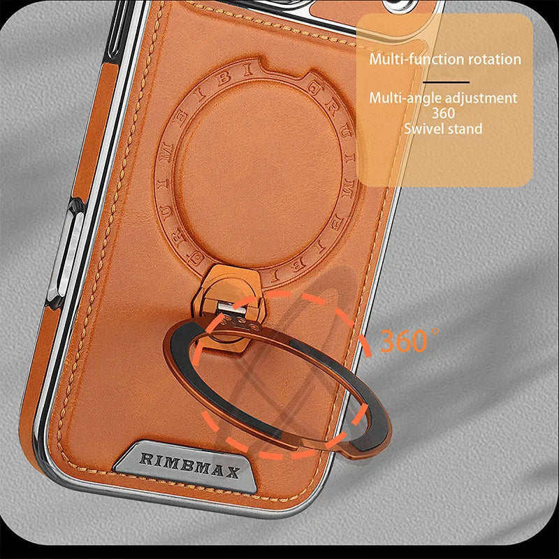 Capa de Couro Premium com Suporte Magnético Giratório para iPhone — Base 360° e Proteção Antichoque