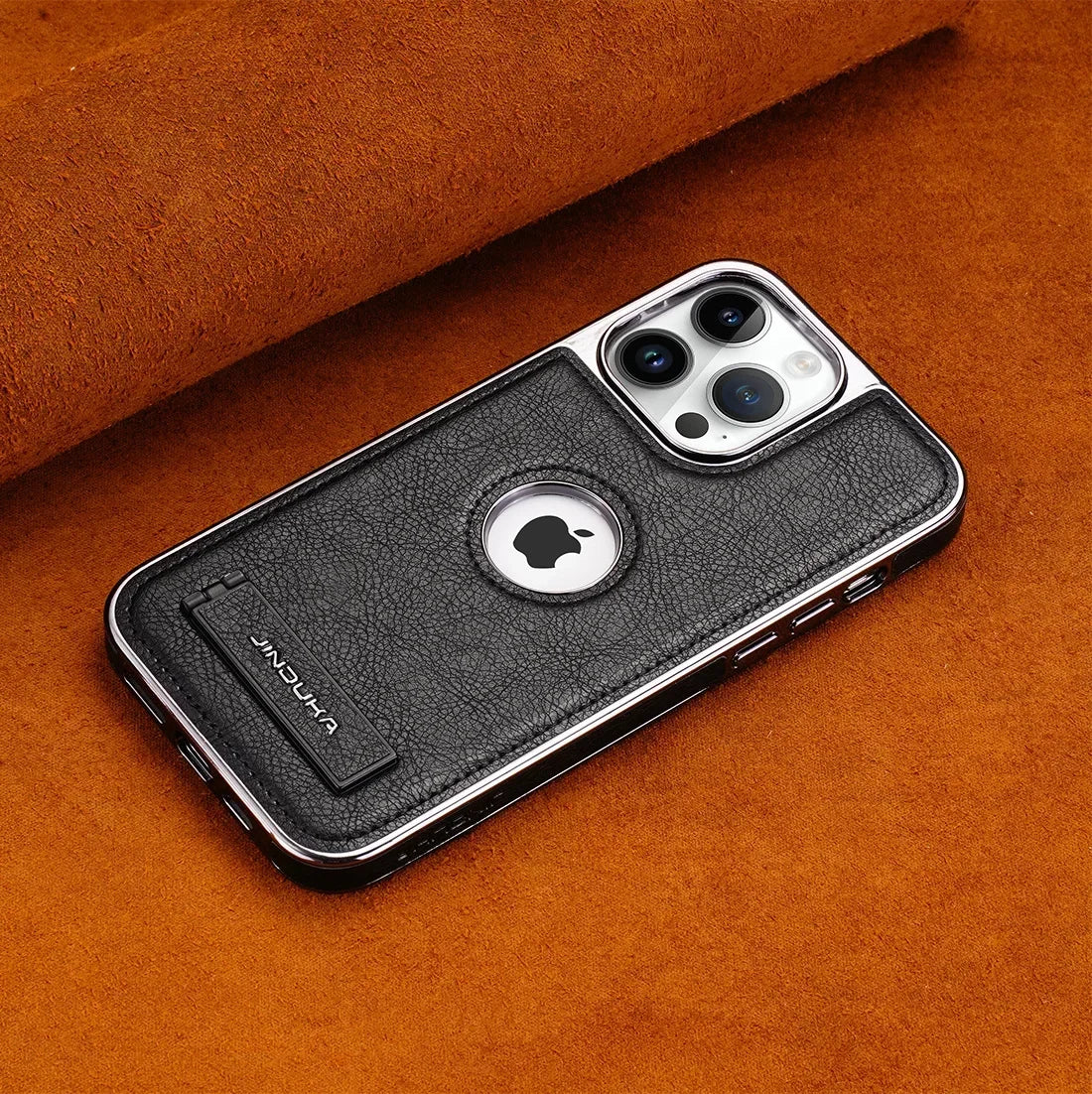Capa de Couro Ultrafina com Suporte Invisível para iPhone — Base Dobrável e Proteção Elegante